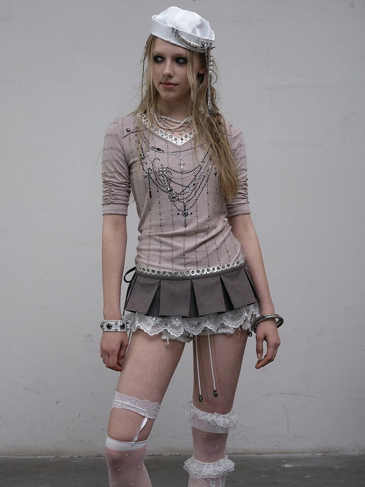Pattern Long V-neck Rhinestone Striped Pink/Blue Sleeves Punk Design Top Necklace Wasteland