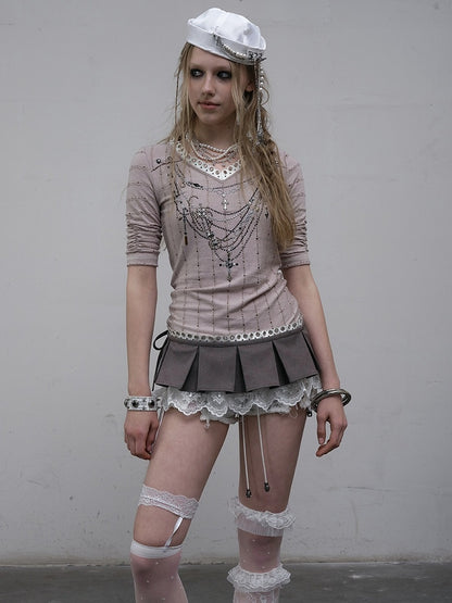 Pattern Long V-neck Rhinestone Striped Pink/Blue Sleeves Punk Design Top Necklace Wasteland