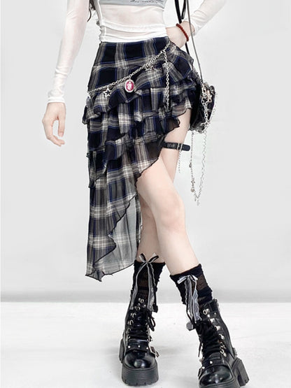 Vintage Black and White Plaid Asymmetrical Hem Glamorous High Waist Tiered Skirt