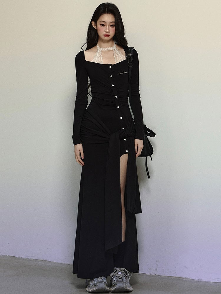 Black Self-tie Strap Thigh-high Slit Lace Halter Neck Knit Dress