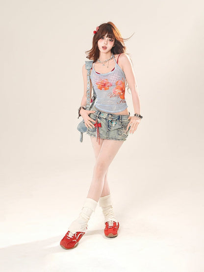 Pink/Blue Floral Print Semi-Sheer Halter Neck Top with Red Plaid Camisole Set