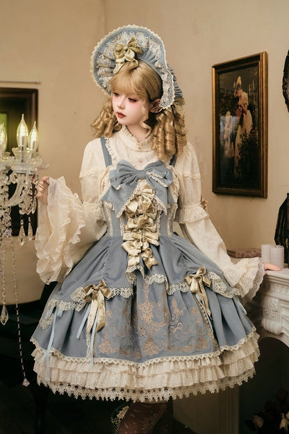 Blue Velvet JSK Dress Lolita Embroidery Bows Decoration Candle /