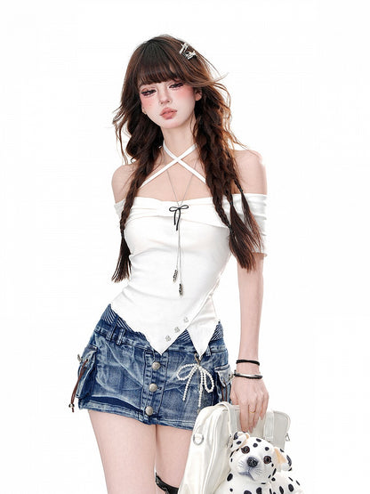 Neckholder-T-Shirt mit asymmetrischem Saum und schmaler Passform, Rosa/Weiß