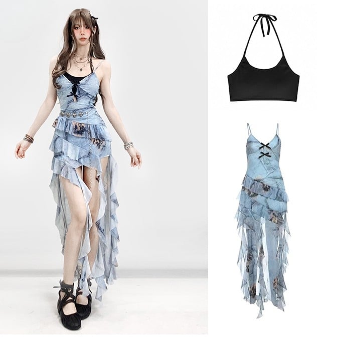 Y2K With Ruffle and Dress Cami Blue Camisole Black Cascading Trim Skirt Glamorous High-low