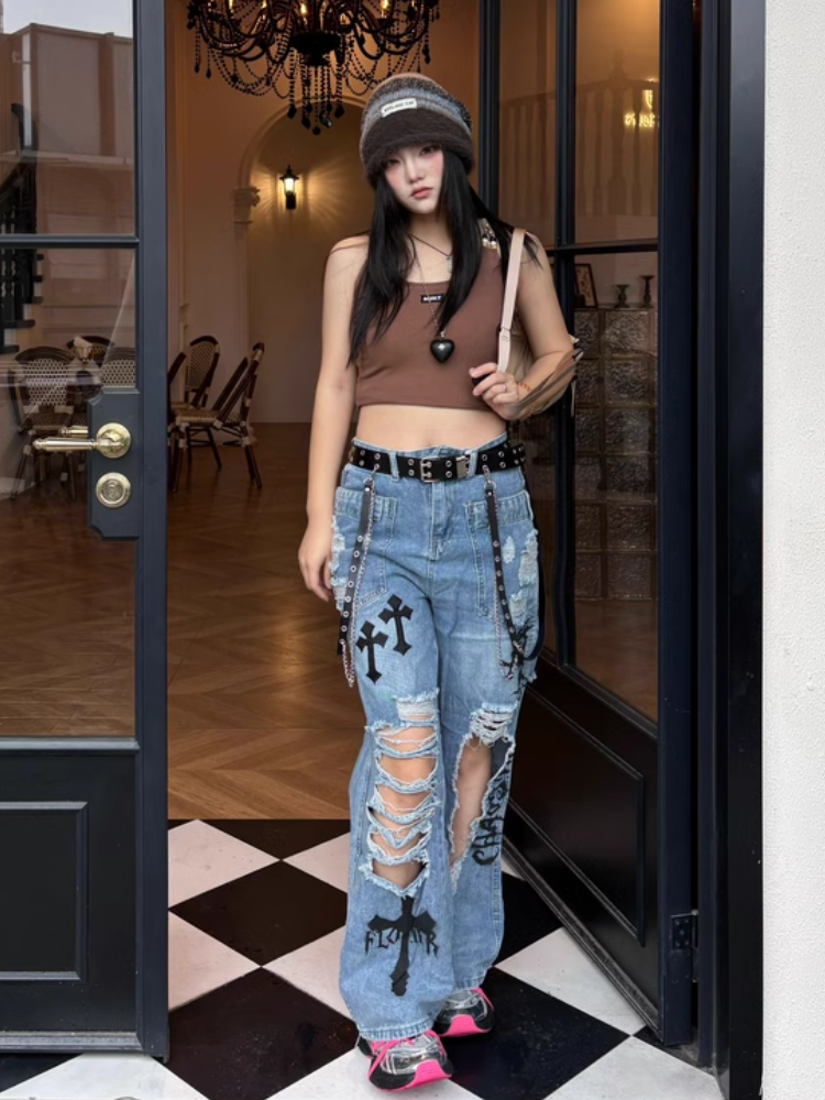 Jeans Wash Glamorous Flared Faded Blue Distressed Holes Cross Appliques