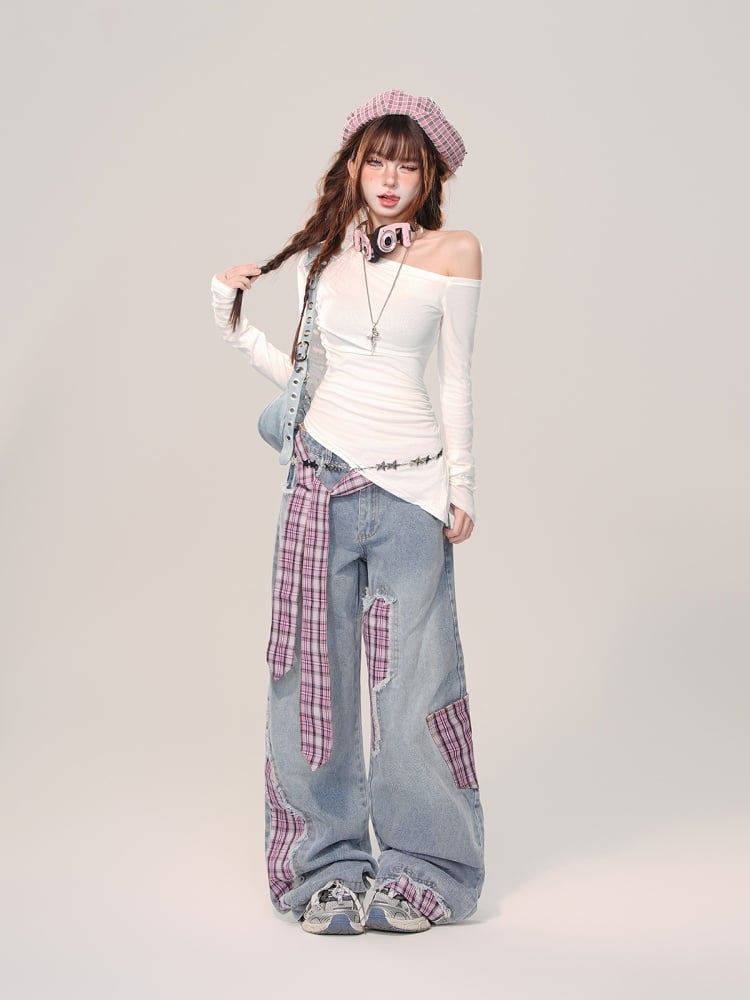 Rose Red Plaid Bowknot Wide-leg Cut Blue Jeans