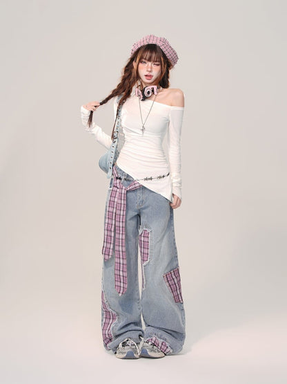 Rose Red Plaid Bowknot Wide-leg Cut Blue Jeans