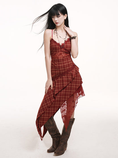 Handkerchief Hem Cutout Midriff Cami Dress Red Plaid V-neck