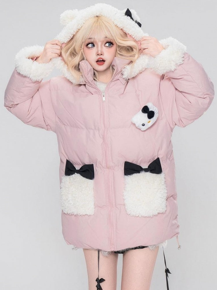 Pink/Black Kitty Adorned Hooded Puffer Jacket Plush Cuffs