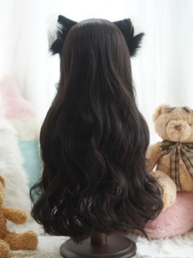 Black Waist Length Wavy Wig With Curtain Bangs