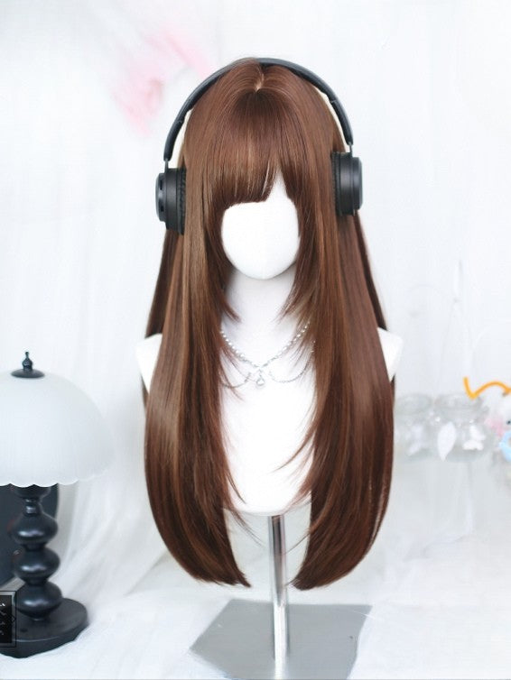 Straight Brown 60-65CM With Wig Length Bangs