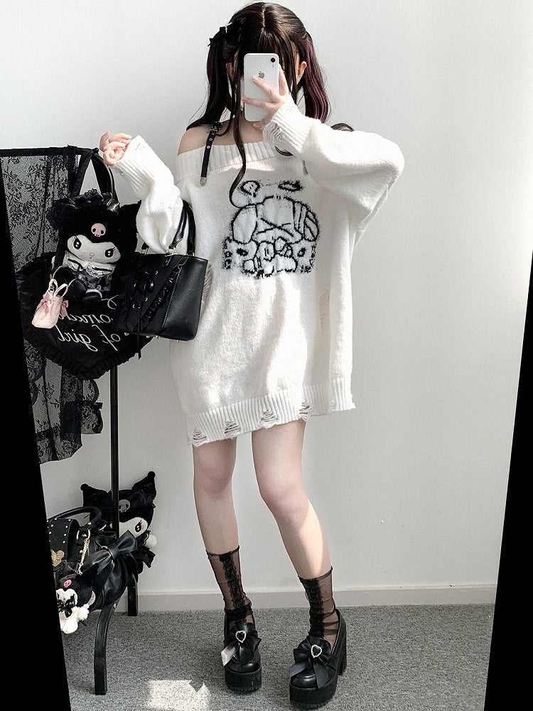 Jirai Kei Grey Angel Puppy Graphic Distressed Holes Landmine Loose Sweater