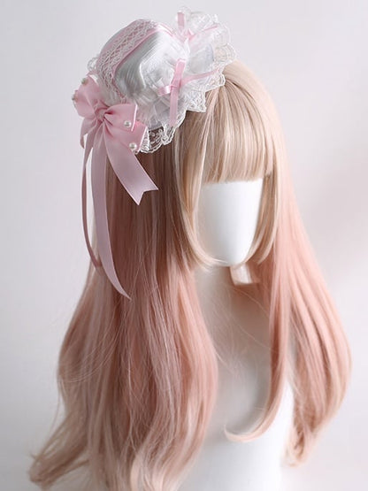 Mini-chapeau Lolita rose et blanc avec nœud et bordure en dentelle et pinces
