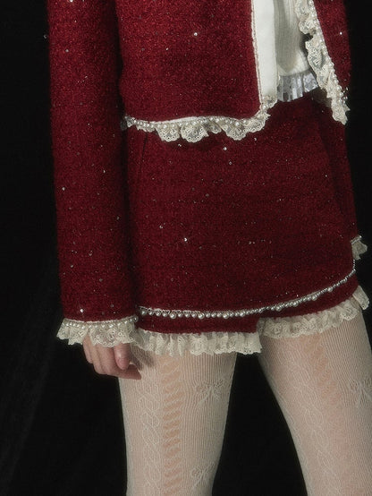 Christmas Red Tweed Cropped Jacket  Lace Trim Bowknot and Bead Details