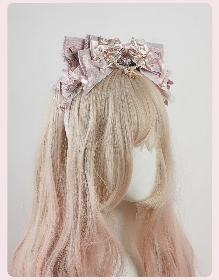 Lolita Pink Big Bow Beaded Chain and Heart Charm Lace Trim KC