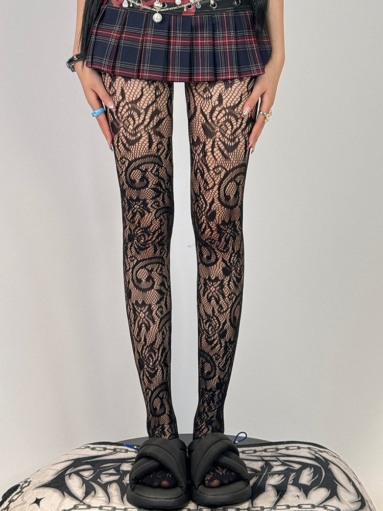 White/Black Pattern Tights Floral Hollow-out Design