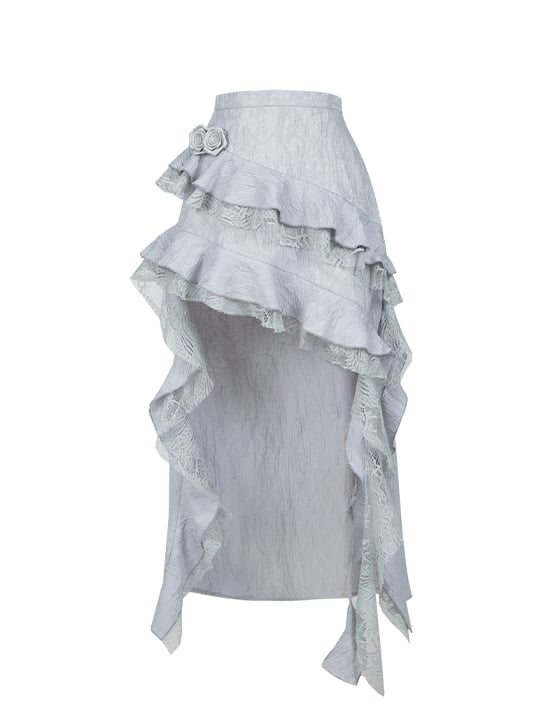 Silver Gray Asymmetrical Cascading Ruffle Trim High-low Skirt