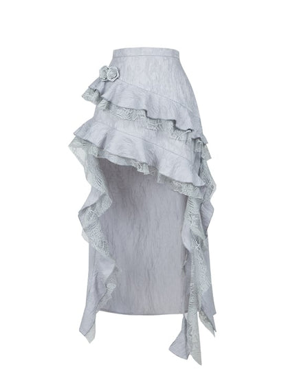 Silver Gray Asymmetrical Cascading Ruffle Trim High-low Skirt