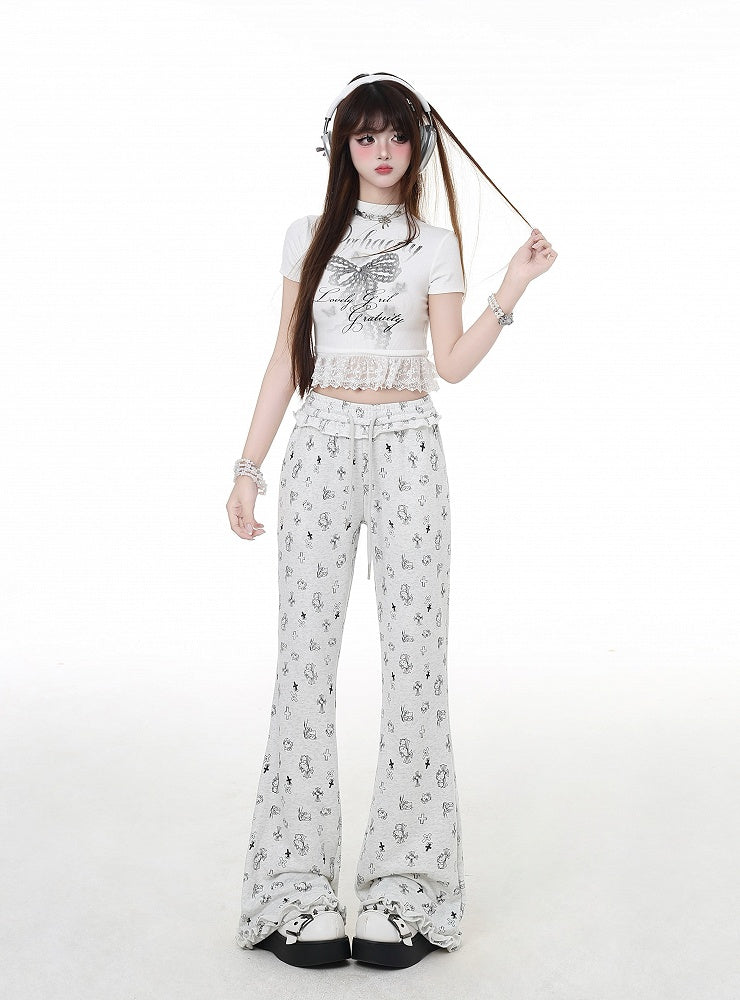 Gray Cuffs Low Waist Kitty and Cross Print Light Glamorous Ruffled Flared Pants