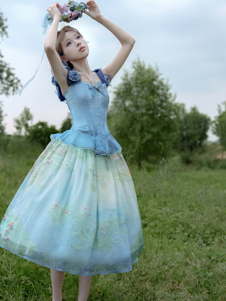 Boned Corset Top with Detachable Floral Adornments Hem Flounce Blue Sky