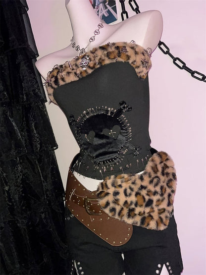 Ceinture à boucle en peluche léopard marron en forme de cœur