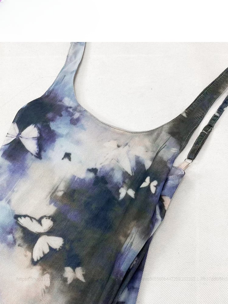 Robe moulante vintage Y2K à imprimé papillon bleu et peinture à l'huile