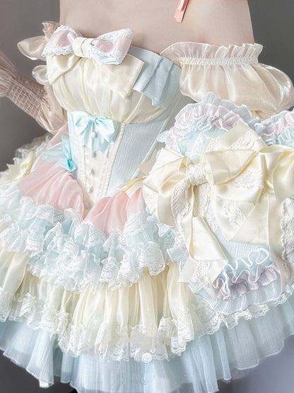 Sweet Lolita Balletcore Dress Blue Tiered Pink Skirt Yellow Boned Corset Waist