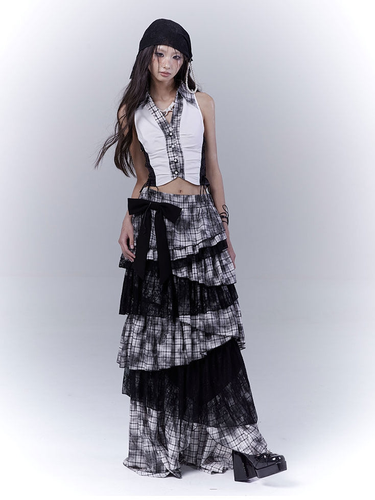 Shirt Black Plaid Collar Side 	Pattern Cropped Sleeveless Top with Lace-up Details