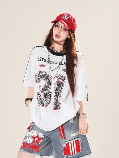 White Blokette Core Print Loose T-Shirt Number