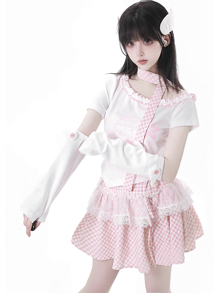 Lace Plaid Trim Skirt Pink/Baby Blue