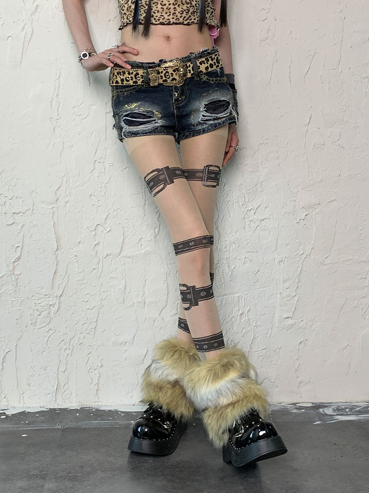 Ensemble de collants à bretelles et boucles punk nude, jambières hirsutes blanches et marron