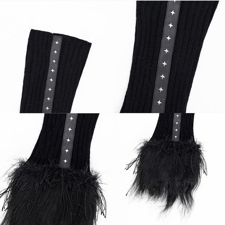 Black White Gothic Knit Leg Warmers with Plush Cuffs