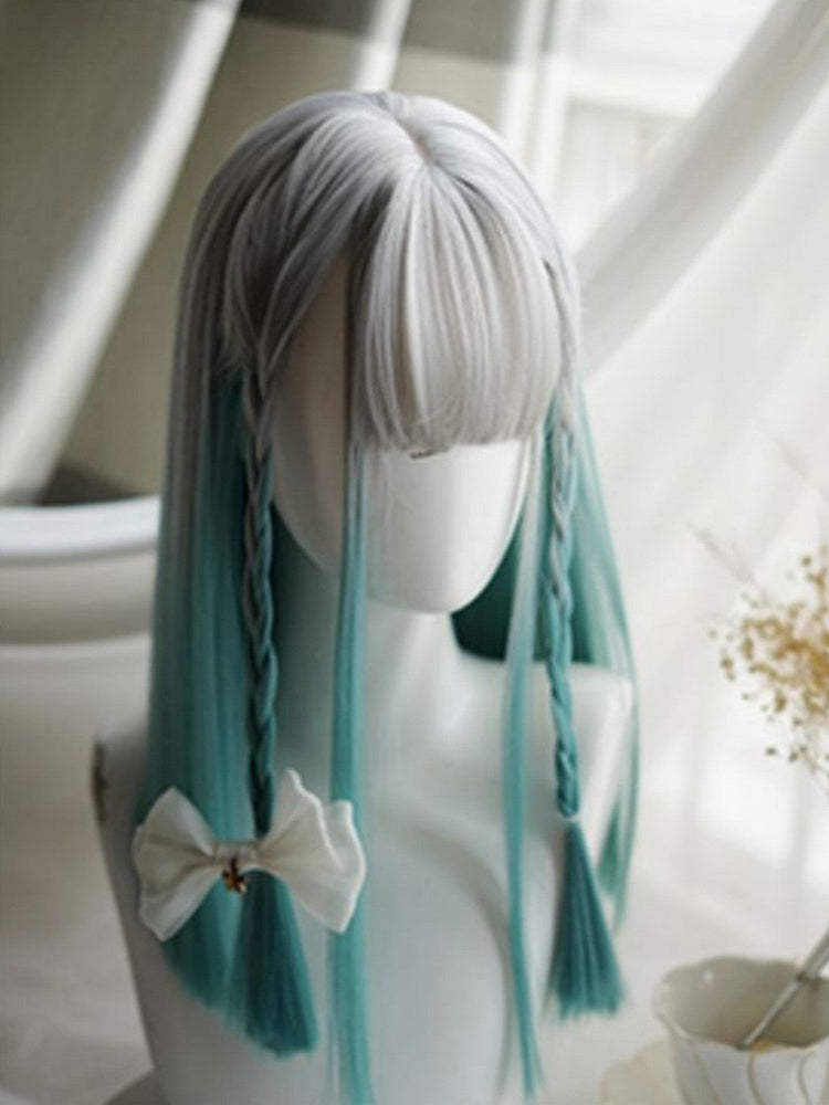 Grey-green Ombre Hair Color Above Bust Length Straight Wig With Full Bangs