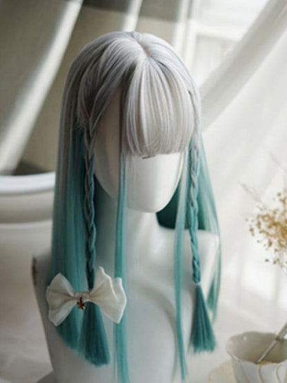 Grey-green Ombre Hair Color Above Bust Length Straight Wig With Full Bangs