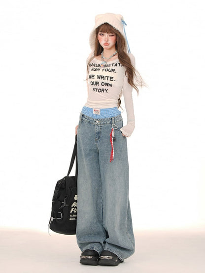 Stripe Plaid Waistband Wide-leg Cut Jeans