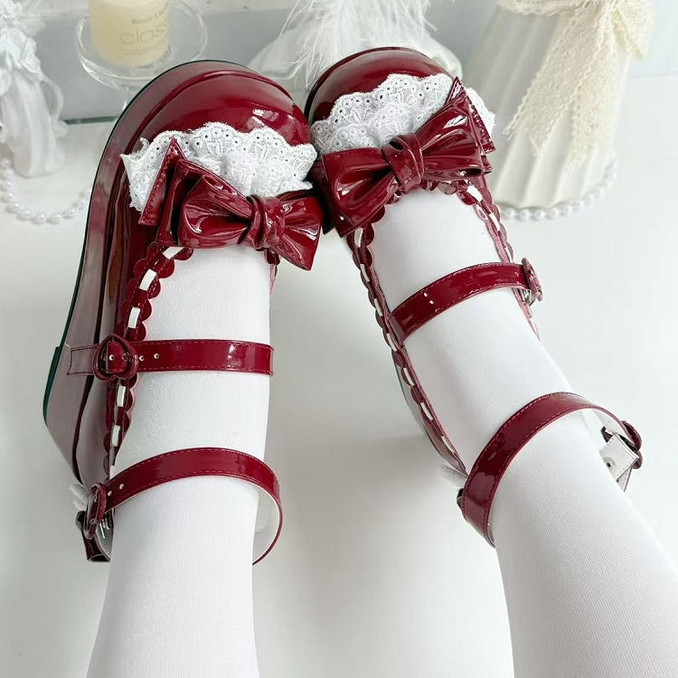 Heart Platforms Buckles Red Trim Lace Bow at Top