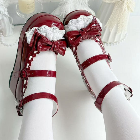 Heart Platforms Buckles Red Trim Lace Bow at Top