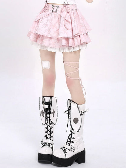 Skirt Bowknots Tiered Pattern Pink