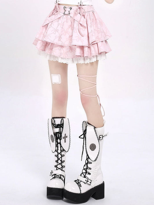 Skirt Bowknots Tiered Pattern Pink