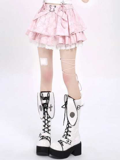 Skirt Tiered Pink Bowknots Pattern