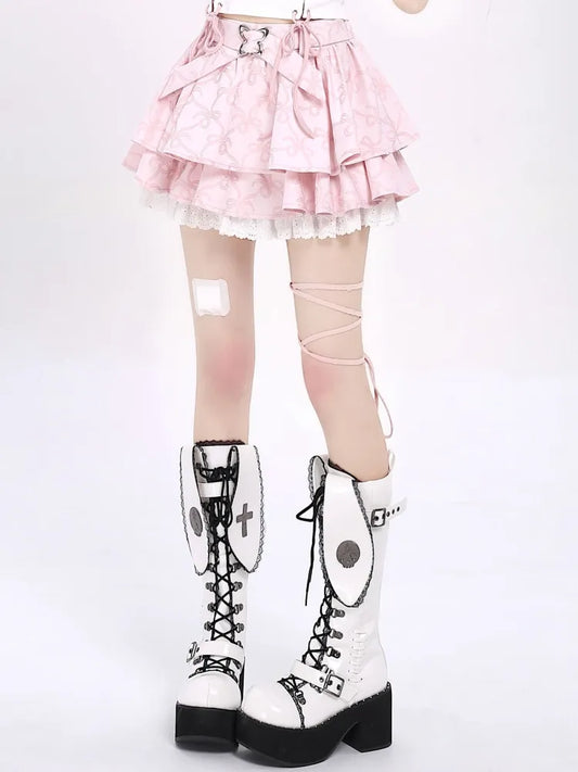 Skirt Tiered Pink Bowknots Pattern