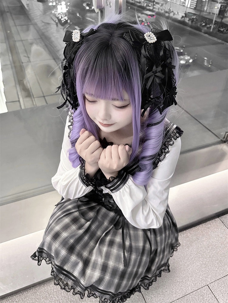 Plaid Gray Kei Style Waist Jirai High Skirt Lace-up with