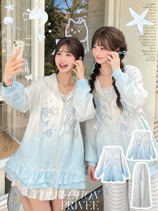 Gradient Blue & White Jellyfish and Dolphin Print Ruffled Trim Zip Closure Hoodie