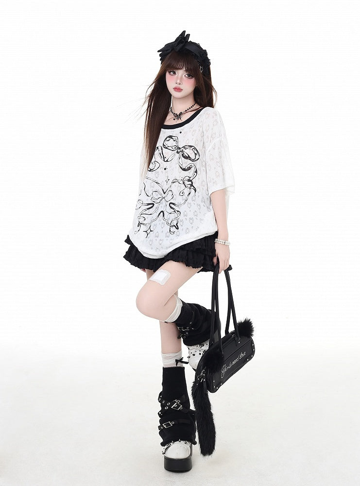 Back Bowknot Print Big Backless T-Shirt Bow White Semi-sheer