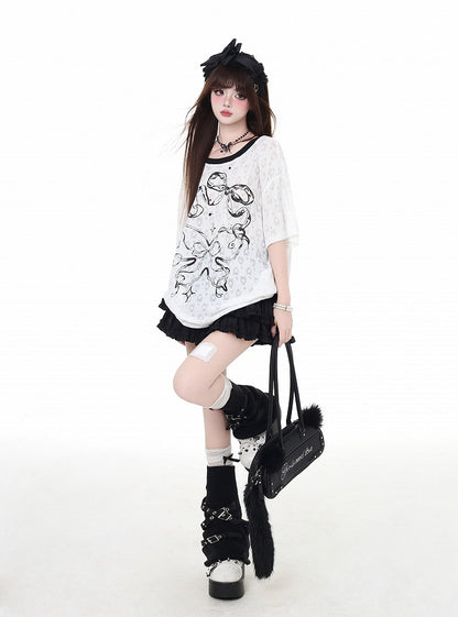 Back Bowknot Print Big Backless T-Shirt Bow White Semi-sheer