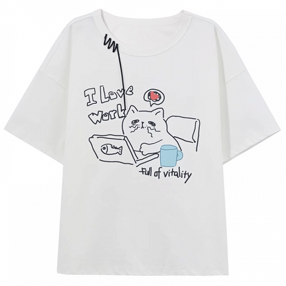 White Round Neck Kitty Print Loose T-Shirt