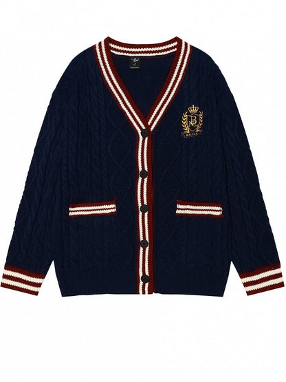 Christmas Navy Blue V-neck Preppy Loose Cardigan Contrast Striped Trim