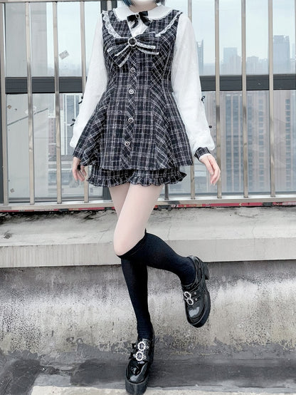 Mini Dress with Shorts Bow Set Detachable Big Jirai Kei Black  White Tweed Peter Pan Collar