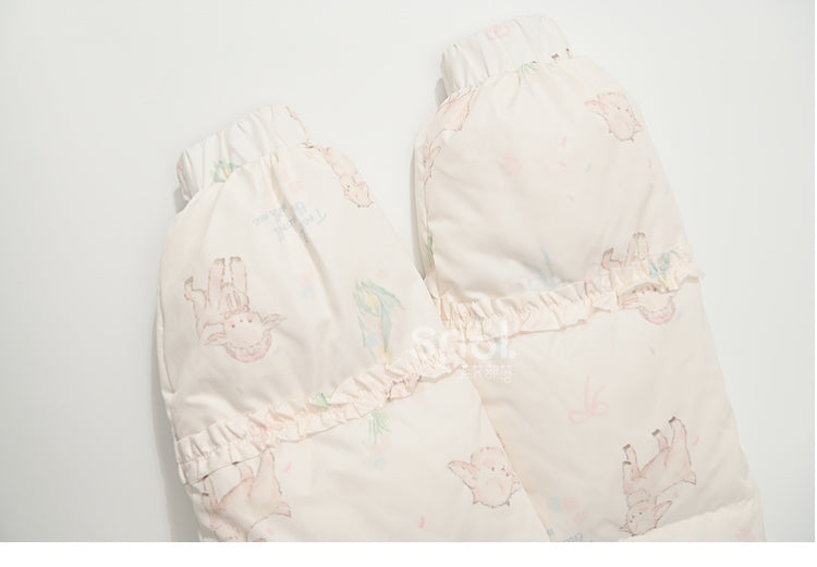 Cute Lamb Print White Hooded Down Jacket Short/Long Version