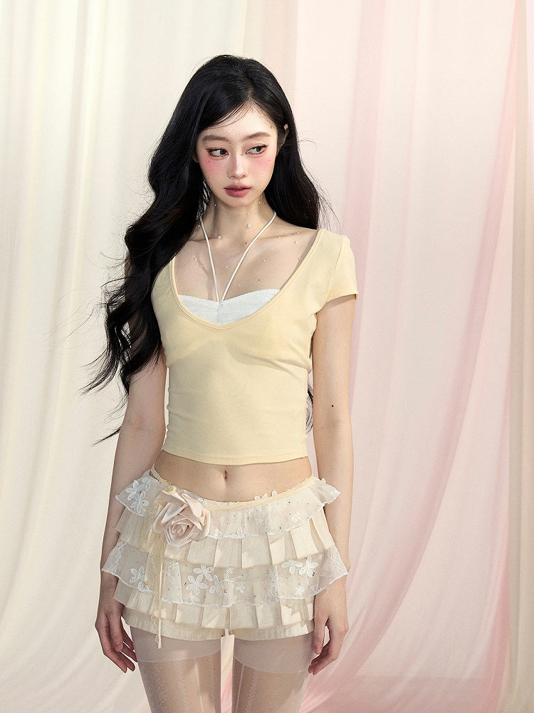 Backless T-Shirt Red/Yellow/Pink Glamorous Faux Two-Piece